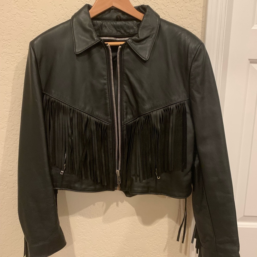 Vintage Black Fringe Genuine Leather motorcycle Jacket- cropped